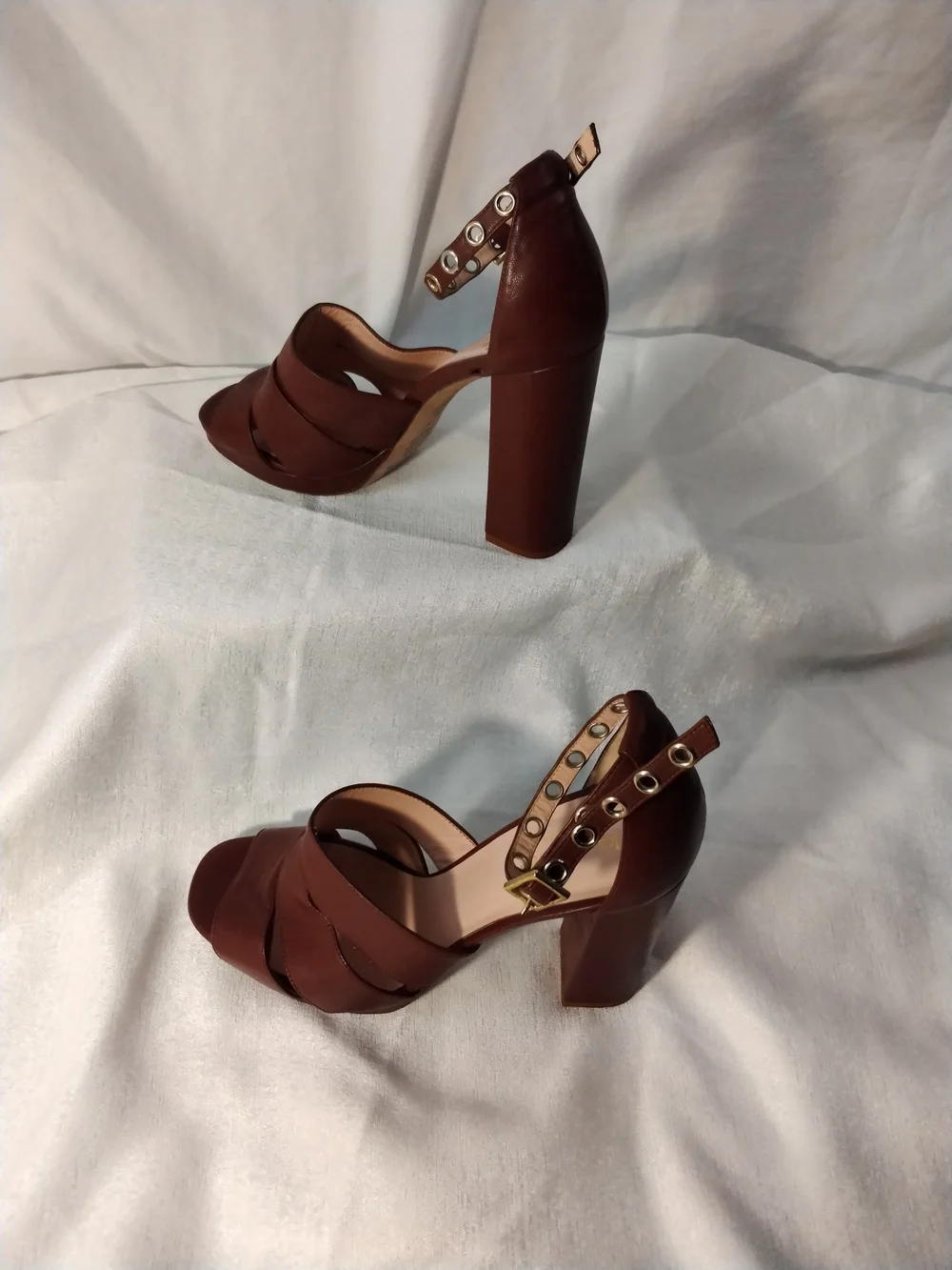 kate spade Brown Leather High Block Heel Sandals with Studded Ankle Strap